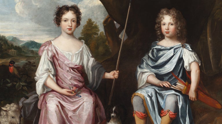 Painting of two young children classically posed